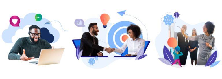 Collage of employees and illustrations