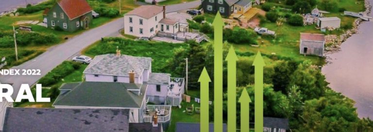 View of neighbourhood with graphic of 5 arrows pointing up