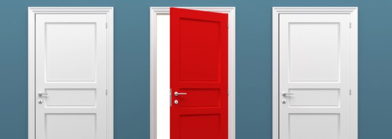 a red open door between 2 closed white doors